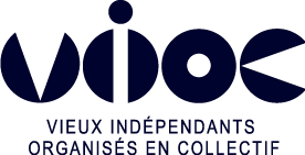 Logo de VIOC, composé de 4 cercles formant le mot VIOC, accompagné du slogan : 'Vieux Indépendants Organisés en Collectif'