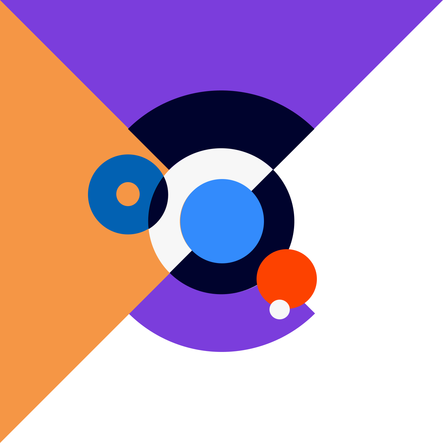 Illustration moderne et abstraite composée de cercles colorés sur des triangles orange et violet, représentant la section 'Nos prestations' sur le site VIOC